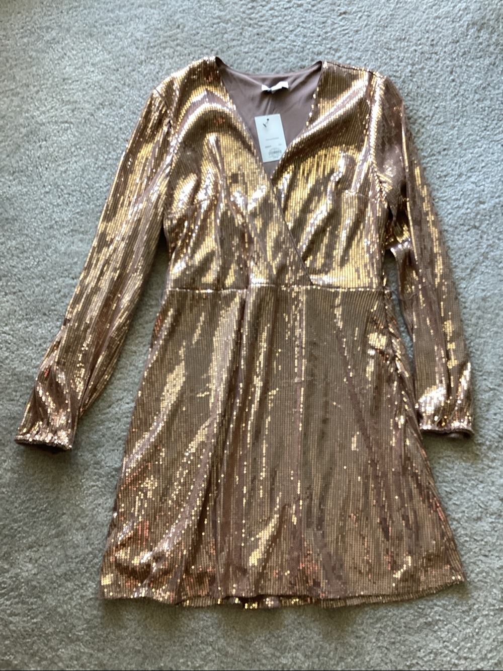 Nine West Gold Sequin Wrap V-Neck Long Sleeve Dress